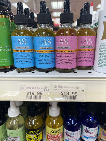 Multi-purpose botanical oil bottles for men and women on store shelf, promoting natural skincare and revitalizing benefits.